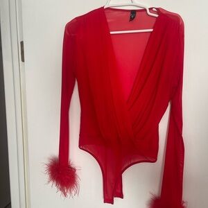 Red sheer feather bodysuit